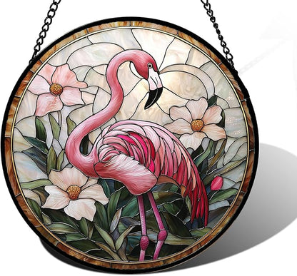 Stained Glass Window Hanging, Flamingo Flower Sun Catchers Diamond Glass Panel Hangings Pink Suncatcher Decor for Birthday for Women, Men, Wife, Aunt, and Mom 15x15 in