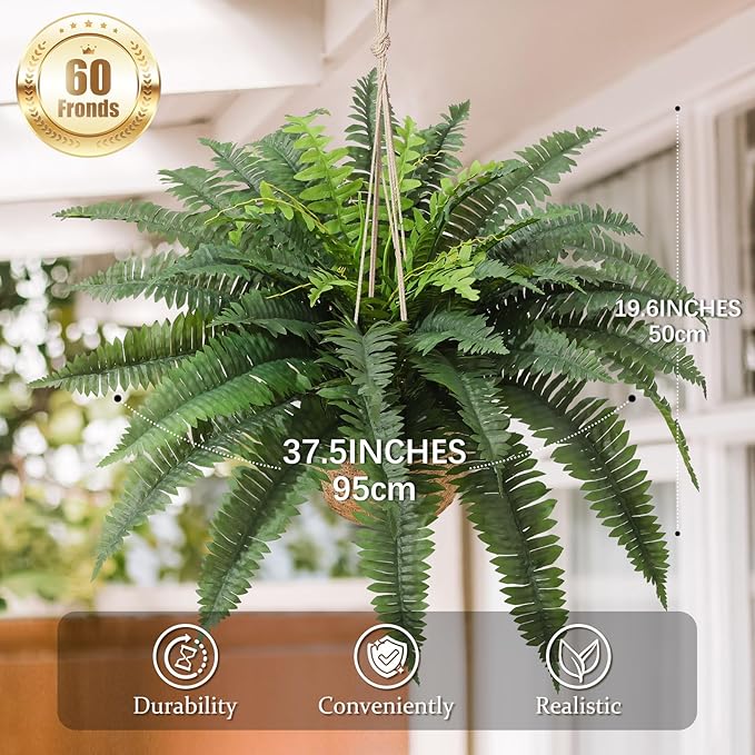 JUSTOYOU 36" Artificial Boston Fern Bush, Artificial Ferns for Outdoors Large 1 Pc with 60 Fronds Faux Ferns UV Resistant Fake Plants for Indoor and Outdoors Home Office Greenery Decor