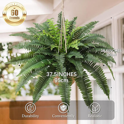 JUSTOYOU 36" Artificial Boston Fern Bush, Artificial Ferns for Outdoors Large Set of 2 with 60 Fronds Faux Ferns UV Resistant Fake Plants for Indoor and Outdoors Home Office Greenery Decor