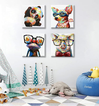 Colorful Cartoon Animal Wall Art Canvas Print Funny Cute Panda Frog Pig Pictures for Kids Bedroom Nursery Decor Artwork Framed 12''X12''X4