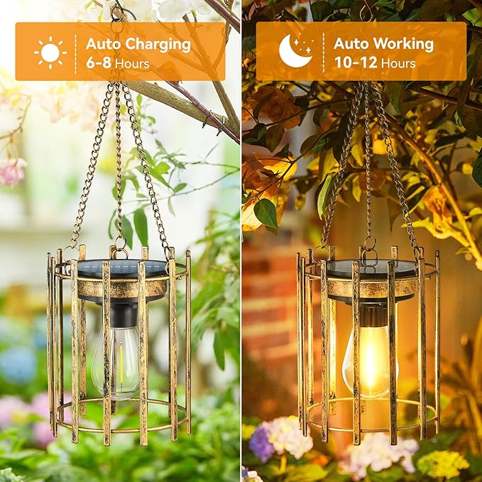 KOOPER Solar Lanterns Outdoor Waterproof, 2 Pack Bronze Upgraded Bright Hanging Solar Lights Outdoor Lantern Decorative, Auto ON/Off Metal Hanging Lanterns for Pathway Yard Patio Garden Decor