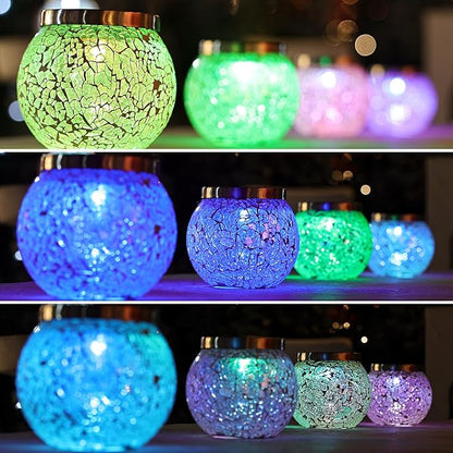 Cooo 2 Pack Heavy Solar Mosaic Crackle Glass Lights with Dual Solar Panels, Color-Changing RGB Lantern, Exclusive Dazzling Glass, Waterproof Outdoor Table Lamps Garden Lamp Christmas Decorations