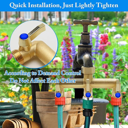 Brass Garden Hose Splitter, 3 Way Hose Splitter, Outdoor Hose Splitter, Outlet for Regulating and Shutting Off Water Flow