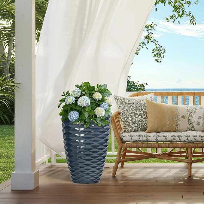 19" Ceramic-Look Tall Planters Set of 2, Outdoor/Indoor Large Flower Pots, Weather-Resistant Heavy-Duty Resin Pot Planters for Front Door, Garden, Patio, Porch, Entryway or Living Room Decor