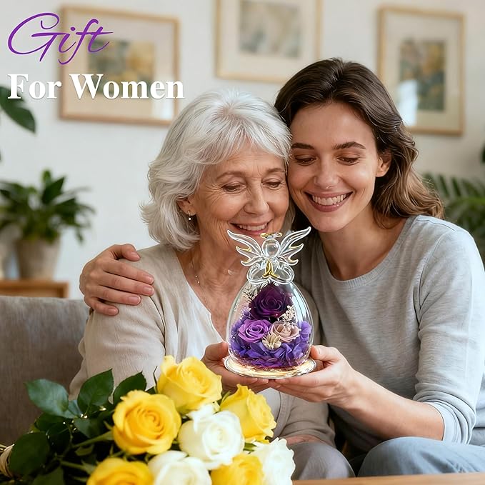 Purple Rose Valentines Day Gifts for Her Birthday Christmas Gifts for Women, Forever Rose in Glass Flowers for Delivery, Preserved Rose Angel Figurine for Mom Grandma, Mother’s Day Birthday Gifts