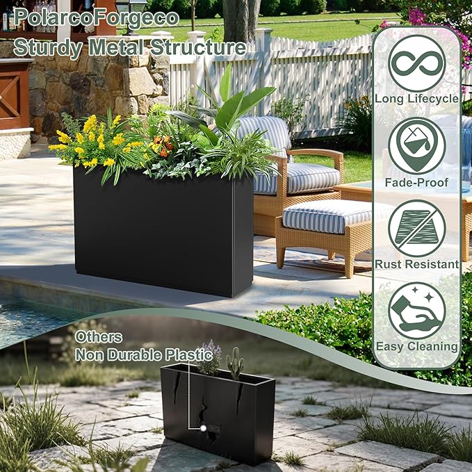 Tall Rectangular Planter Box for Outdoor Plants, Large Metal Black Planters for Patio Porch, Modern Decor for Plants,with Drainage Holes (35" L x 9" W x 26" H)