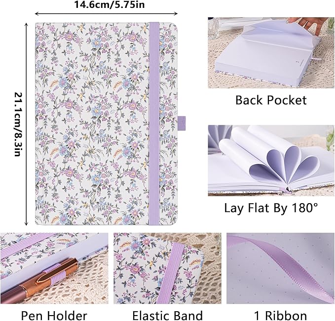 TIEFOSSI Dotted Journal Notebook for Women, A5 Dotted Grid Notebook for Writing, 190 Numbered Pages, 160 GSM Thick Paper, Travel Daily Journal, for Work Home School, Note Taking, Business, 8.4 X 5.8 In