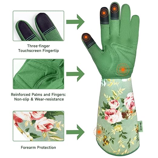 Garden Gloves, Long Sleeve Leather Gardening Gloves for Yard and Gardening Work, Gardening Gifts for Women, Cute, Comfortable, Durable, Green Print (Small)