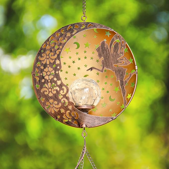 Tryme Solar Wind Chimes Outdoor Fairy Hanging Lights with 4 Aluminum Tubes, Moon Yard Decorations for Patio, Porch, Deck, Perfect Gardening Gifts for Women