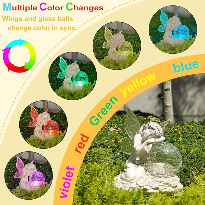 Solar Fairy Garden Statue with Cracked Glass Ball & Glowing Wings, Waterproof Outdoor Fairy Decor for Yard, Patio, Lawn – Ideal for Garden Lovers & Holiday Giving (7.67x6.69 Inches)