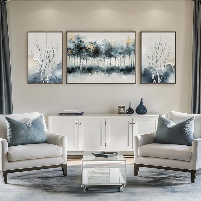 Large Framed Blue Abstract Tree Wall Art for Living Room, 3 Piece Modern Nature Gray Forest Canvas Artwork Set, Watercolor Landscape Farmhouse Art Prints for Hallway Bedroom Kitchen Home Office Decor