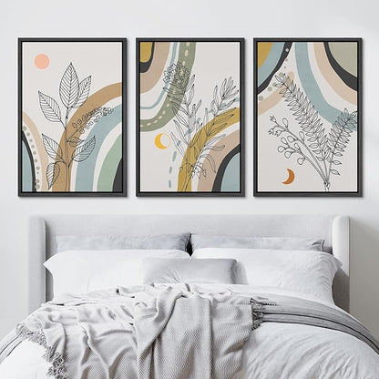 Ashbrook Framed Wall Art Print Set 1960s Retro Floral Forest Plant Silhouettes Abstract Nature Illustrations Modern Art Boho Colorful for Living Room, Bedroom, Office - 24"x36"x3 BLACK