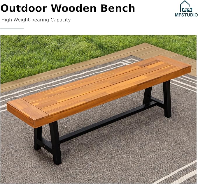 MFSTUDIO Outdoor Garden Bench 63", Acacia Wood Patio Dining Bench, Wooden Park Front Porch Benches for Backyard Outside, Teak