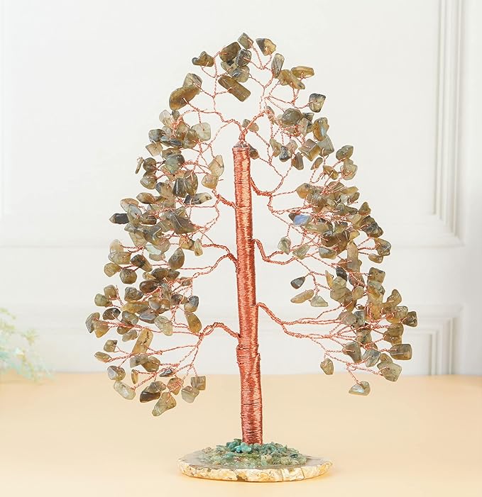 Labradorite Crystal Tree of Life - Handmade Gemstone With Geode Agate Slice Base, Chakra and Feng Shui Decor, Money Tree, Spiritual Gift, Artificial Healing Crystal