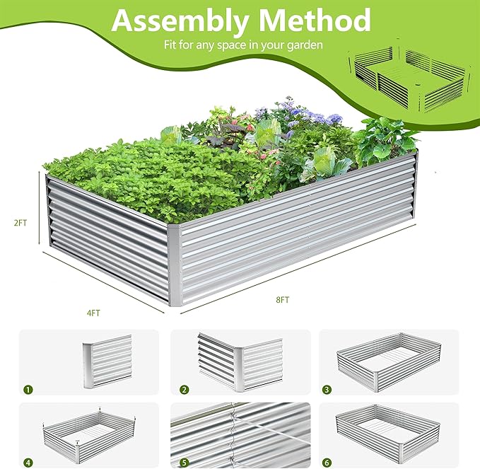 8x4x2FT Galvanized Raised Garden Bed Kit,Vegetable Boxes-Rectangle Metal Flower Box,Large Planter Raised Beds Outdoor Garden for Planting,Fruit,Herb-Silver