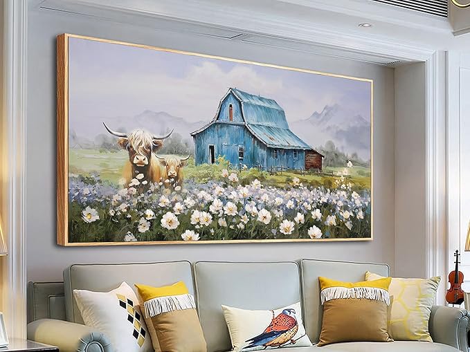 Anolyfi Highland Cow Farmhouse Wall Dceor for Living Room, Barn Picture Wall Decor for Bedroom Dining Room Office Hallway Home Decor, Framed 48"x24"
