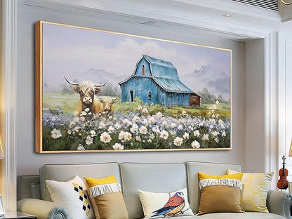 Anolyfi Highland Cow Farmhouse Wall Dceor for Living Room, Barn Picture Wall Decor for Bedroom Dining Room Office Hallway Home Decor, Framed 40"x20"