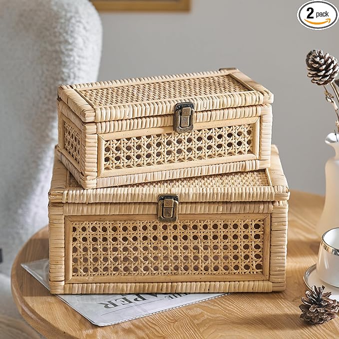 Rattan Box, Boho Decorative Boxes with Lids, Set of 2 Rectangular Wicker Storage Basket, Natural Woven Cane Bins for Home Decor (Rectangular)