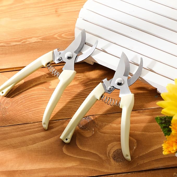 Therwen 12 Pcs Garden Shears Flower Scissors Pruning Shears Floral Garden Clippers Hand Pruners Branch Cutter Gardening Tools for Plants Cutting, Trimming, Fruits Picking (Beige,Bypass)