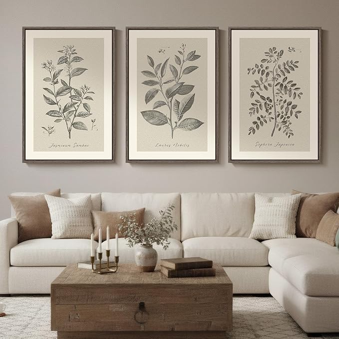 Large Framed Vintage Botanical Wall Art for Living Room, 3 Piece Rustic Farmhouse Plant Canvas Painting Prints Artwork, Neutral Natural Floral Pictures for Bedroom Kitchen Hallway Wall Decor, 24x36