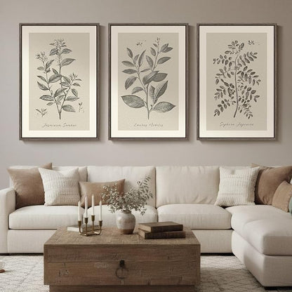 Large Framed Vintage Botanical Wall Art for Living Room, 3 Piece Rustic Farmhouse Plant Canvas Painting Prints Artwork, Neutral Natural Floral Pictures for Bedroom Kitchen Hallway Wall Decor, 24x36