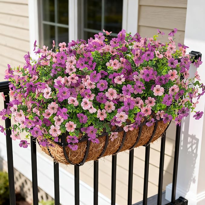 Artificial Fake Mums Flowers for Outdoor Fall Decor, 12 Bundles Faux Silk Daisy Plants for Planter Pot Colorful UV Resistant Look Real for Front Door Porch Patio Outside Yard(Purple Pink)