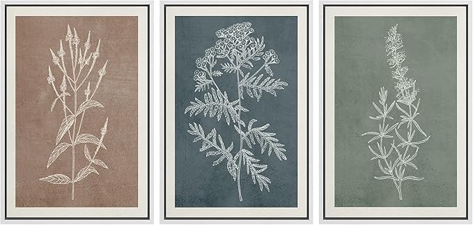 Ashbrook Framed Canvas Print Wall Art Set Duotone Forest Wildflower Farmhouse Decor Nature Wilderness Illustrations Modern Art Floral Botanical Calm/Relax/Cozy for Bedroom - 24"x36"x3 WHITE
