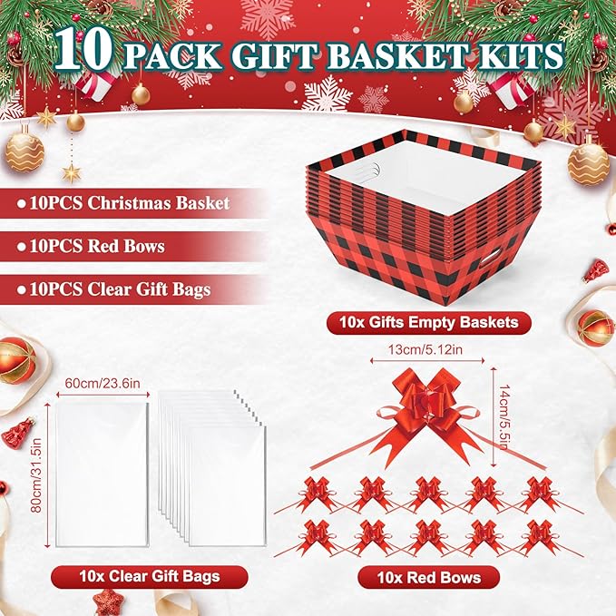 AFOROEOA 10PACK Christmas Gift Baskets Empty, Baskets For Gifts Empty 10x12”Thick Gifts Basket with 10 Bows 10 Bags Gift Basket for Christmas Xmas Wedding Birthdays Party Wrapping （Red Plaid）