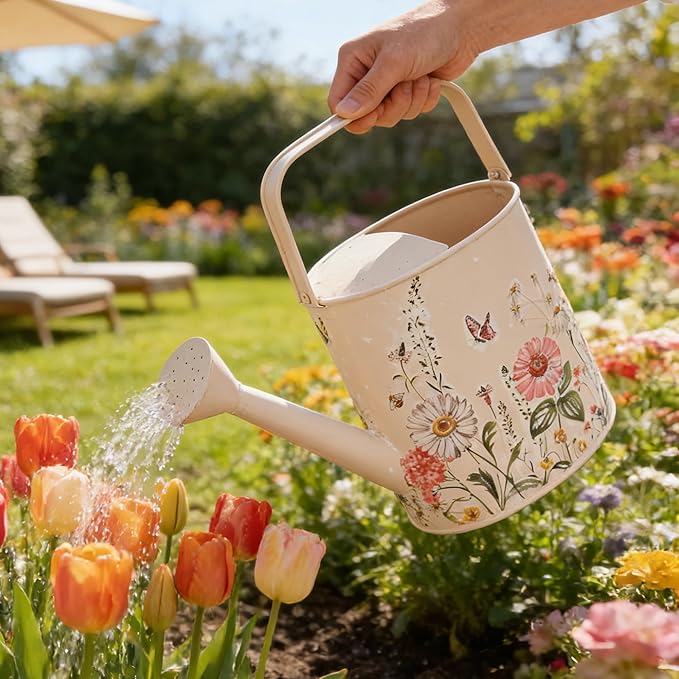 Metal Watering Can Flower Pot with Handle Rustic Farmhouse Water Can for Indoor Outdoor Garden Plants Watering (Pink)