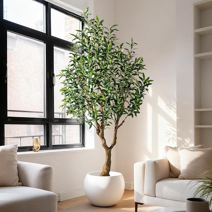 6FT Faux Olive Tree with Tall Exquisite Planter Artificial Olive Tree Tall, Potted Fake Olive Plant with 1260 Real Touch Leaves, Indoor Outdoor Home Garden Office Decor