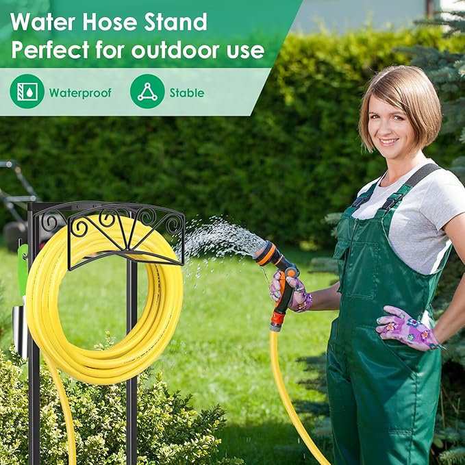 TomCare Garden Hose Holder Upgraded Heavy Duty Metal Water Hose Holder Holds 160 FT Hoses Sturdy Hose Reel with 2 Tool Hooks Freestanding Outdoor Hoses Storage Hanger for Outside Yard Lawn, Black