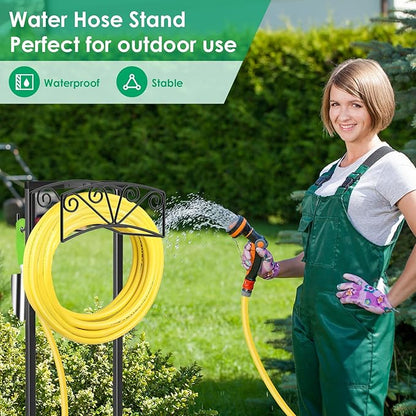 TomCare Garden Hose Holder Upgraded Heavy Duty Metal Water Hose Holder Holds 160 FT Hoses Sturdy Hose Reel with 2 Tool Hooks Freestanding Outdoor Hoses Storage Hanger for Outside Yard Lawn, Black
