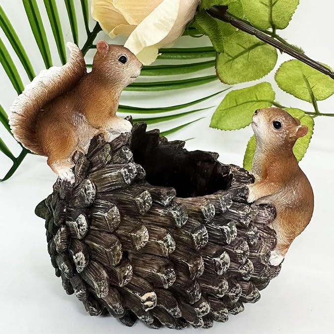 Cute Animals Planter Pot, Resin Squirrel Succulent Plant Flowerpot, Decorative Succulent Plant Planter, Lovely Pinecone Bonsai for Office Desk Room Home Indoor Decor