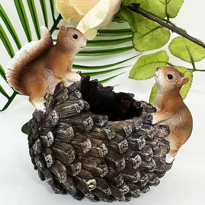 Cute Animals Planter Pot, Resin Squirrel Succulent Plant Flowerpot, Decorative Succulent Plant Planter, Lovely Pinecone Bonsai for Office Desk Room Home Indoor Decor