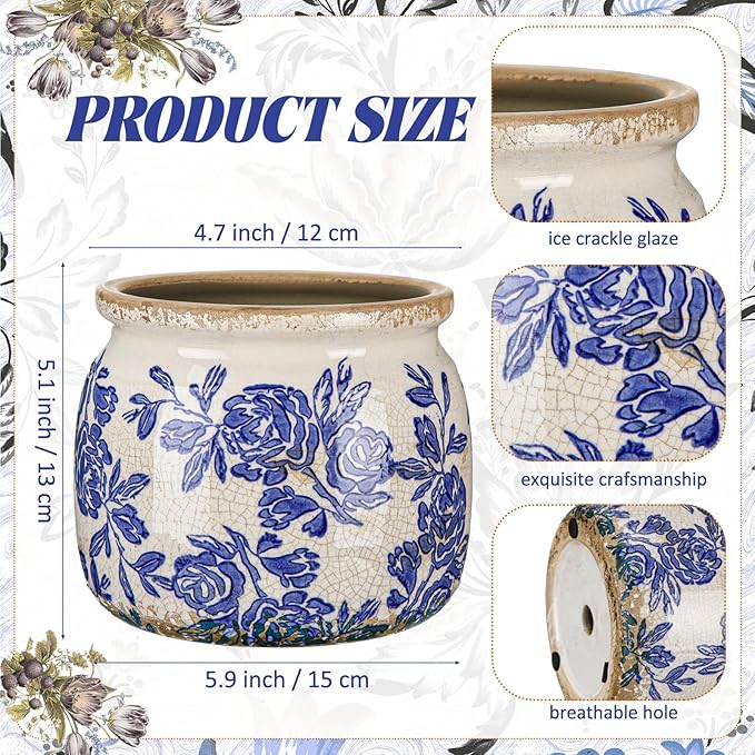 Vintage Chinoiserie Planter Large Ceramic Plant Pot with Drainage Blue Beige Rose Crack Cottage Scroll Vase Flower Vase for Pot Indoor Live Plants Home Farmhouse Antique Decorative Gifts