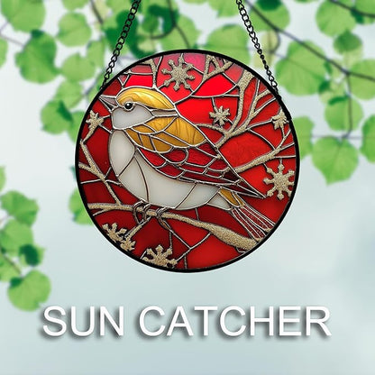 Stained Glass Window Hanging 4 Pcs Set Red Christmas Themed Decorations 9.8" - Suncatcher Door Garden Sun Catcher Decor Birthday New Year for Mom Woman Nana Men