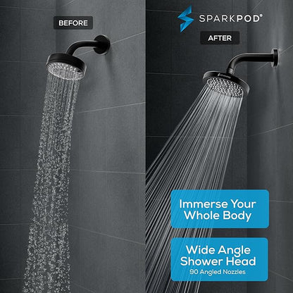 SparkPod Shower Head - High Pressure Rain - Premium Quality Luxury Design - 1-Min Install - Easy Clean Adjustable Replacement for Your Bathroom Shower Heads (Midnight Black Matte, 6 Inch Round)