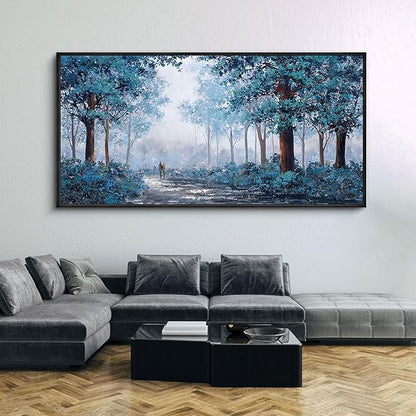 KLAKLA Framed Navy Blue Wall Art - Large Wall Art - Multi-layered Paint Overlay Effect Blue Leaves Plant Forest Picture Artwork Living Room Bedroom Wall Decor