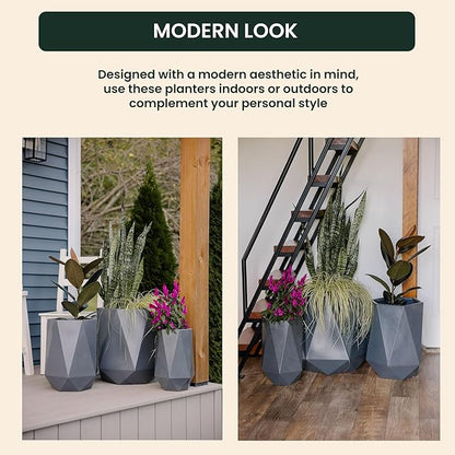 Beuta Large Planters for Outdoor Plants - Set of 3, 15.5/18/20 Inches Outdoor Planters for Porch - Tall Planter for Outdoor & Indoor Plants | Large Indoor Plant Pot - USA Made - Grey
