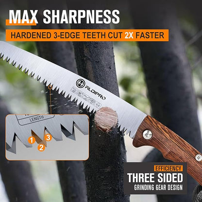 Folding Pruning Saw 10 Inch with Leather Sheath and Wenge Wooden Handle, SK5 Steel Blade, Foldable Hand Saw for Camping, Survival, Wood Cutting, Bushcraft and Tree Trimming