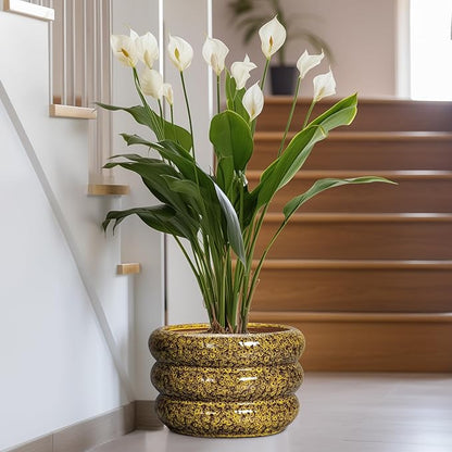 SQOWL Ceramic Pots for Plants - 13.5 Inch Ceramic Planter for Indoor Plants, Large Plant Pots with Drainage Hole, Round Flower Pot Outdoor, Bubble Planter, Room Decor, Gifts for Plant Lover, Yellow