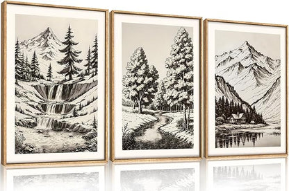 HOURIA Vintage Sketch Pine Tree Mountain Framed Canvas Wall Art Set,Moody Retro Antique Wilderness Botanical Ridge Decor,Modern Natural Black White Artwork for Living Room,Bedroom,Farmhouse- 24"x36"x3