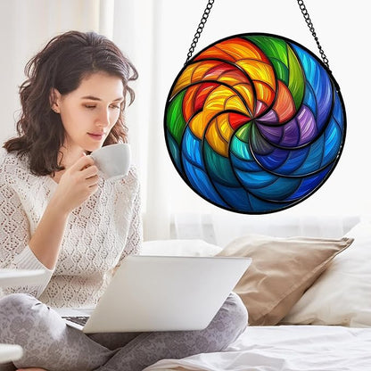 Stained Glass Window Hanging Rainbow Colored Abstract Vortex 9.8" - Suncatcher Door Garden Sun Catcher Home Decor Birthday Christmas for Woman Nana Friend Men