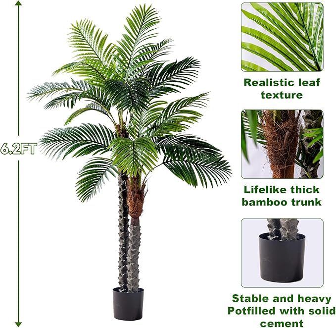 6.2FT Artificial Phoenix Palm Tree Artificial Plants Indoor Outdoor Large Faux Coconut Silk Palm Tree Tropical Fake Tree Faux Sago Palm Plant for Modern Farmhouse Yard Outside Patio Poolside