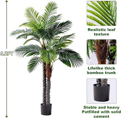 6.2FT Artificial Phoenix Palm Tree Artificial Plants Indoor Outdoor Large Faux Coconut Silk Palm Tree Tropical Fake Tree Faux Sago Palm Plant for Modern Farmhouse Yard Outside Patio Poolside