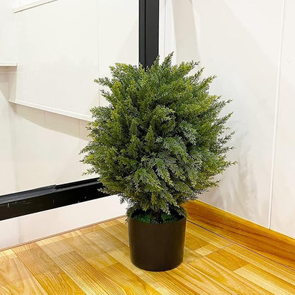 Sunnyglade 19.7” Tall Artificial Cedar Topiary Ball Tree Set of 2 Pack Potted Bushes UV Resistant Potted Plants for Indoor Outdoor Home Garden (Dark Green)