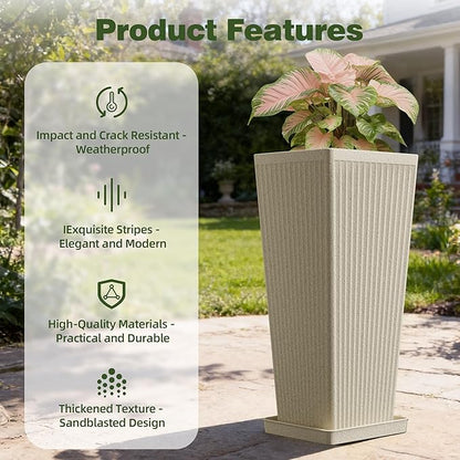 Square Tall Planters for Outdoor Plants Set of 2-23.6" Heavy-Duty Classic Tapered Indoor Flower Pots with Drainage Holes/Partition/Tray, Large Outdoor Planters for Porch Patio Garden, Beige