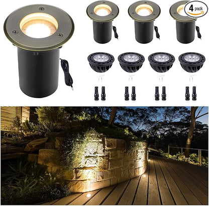 Gardenreet Outdoor Low Voltage Well Lights - Brass Electric 12V Replaceable Bulb In-Ground Lighting, LED Low Voltage Fixture, Antique Bronze for House Patio Backyard with 2700K Warm White MR16 Bulb
