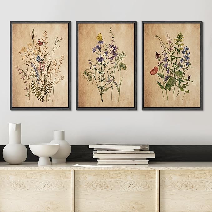Ashbrook Framed Canvas Print Wall Art Set Vintage Wildflower Bouquet Nature Wilderness Illustrations Modern Art Decorative Floral Botanical Minimal Calm/Relax/Cozy for Bedroom - 24"x36"x3 BLACK