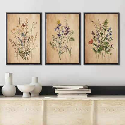 Ashbrook Framed Canvas Print Wall Art Set Vintage Wildflower Bouquet Nature Wilderness Illustrations Modern Art Decorative Floral Botanical Minimal Calm/Relax/Cozy for Bedroom - 24"x36"x3 BLACK